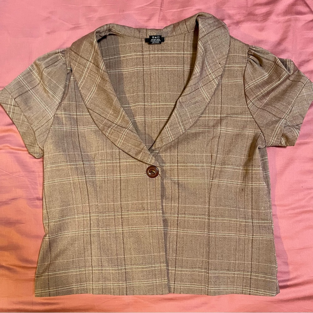 DARK ACADEMIA PREPPY Y2K VINTAGE CROPPED PLAID PUFF SLEEVE BLAZER JACKET